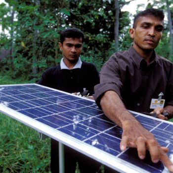 The picture shows solar panel used for lighting village homes in Sri Lanka.