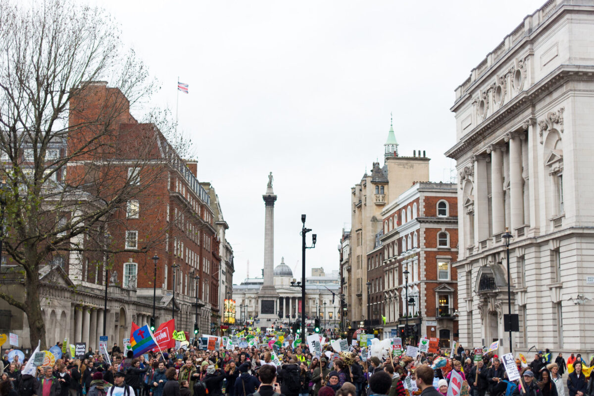 The photo shows over 50,000 people marching in London, England to campaign for climate change ahead of COP21 in Paris, France.