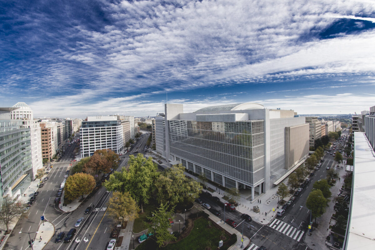 The photo shows the view over the World Bank Group Headquarters in Washington D.C.