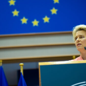 European Commission President Ursula von der Leyen speaking at the European Parliament in Brussels.