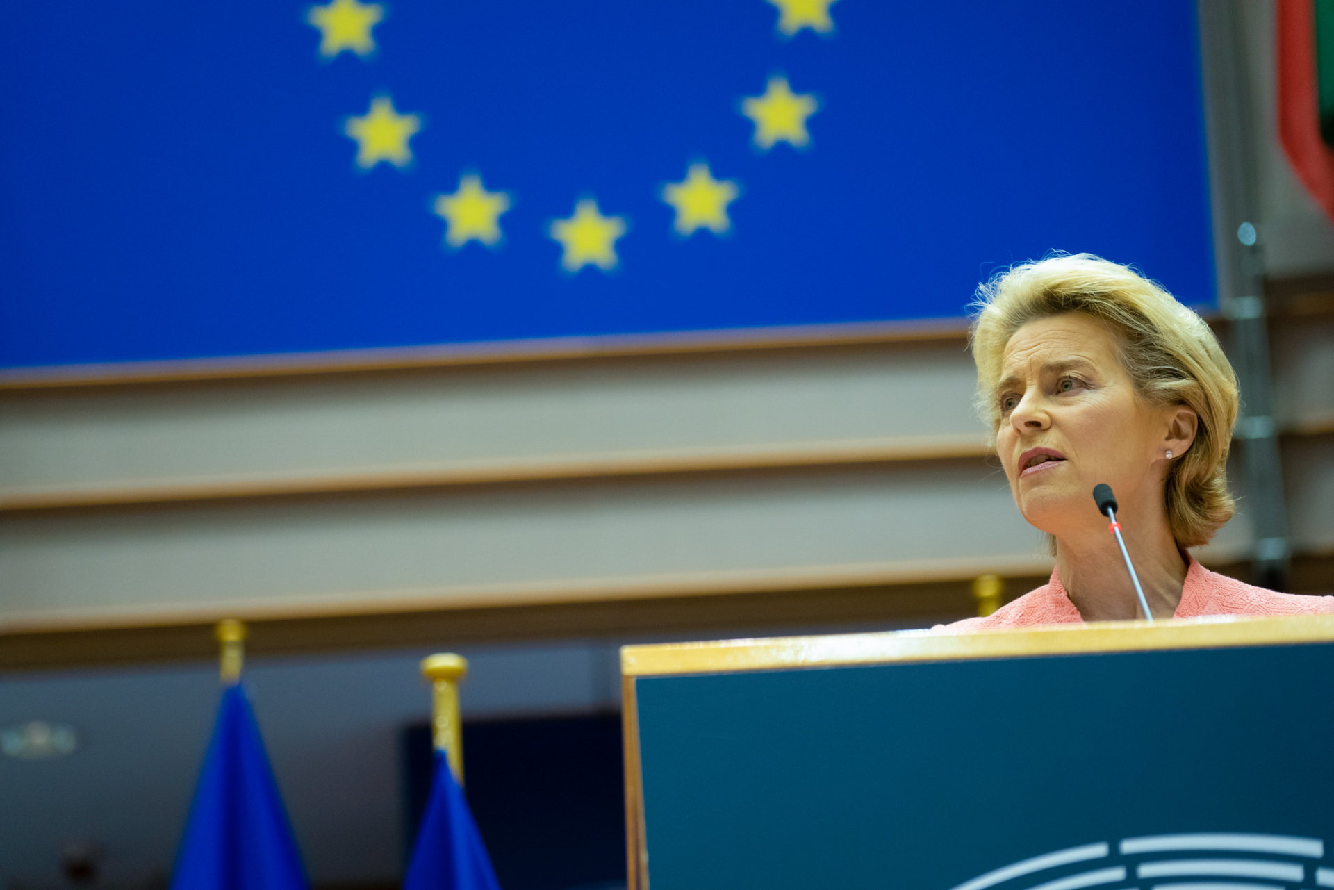 European Commission President Ursula von der Leyen speaking at the European Parliament in Brussels.