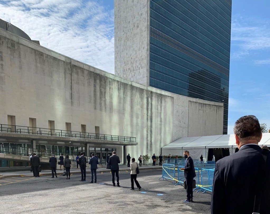 Social distancing upon entry to the UN. Image via Flickr: NorwayUN