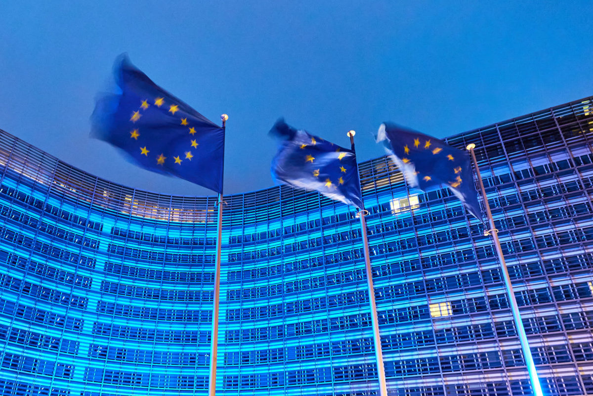 The Berlaymont building lit up in blue on 24 October 2020 to commemorate the 75th anniversary of the United Nations