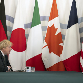Prime minister Boris Johnson holds a G7 video call. Image via Flickr: number10gov