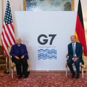 US Secretary of the Treasury Janet Yellen meets with Germany's then Minister of Finance, now Chancellor Olaf Scholz at the G7 in 2021. Image via Flickr: hmtreasury