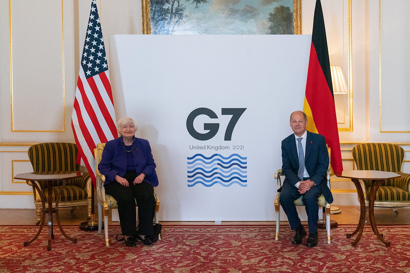 US Secretary of the Treasury Janet Yellen meets with Germany's then Minister of Finance, now Chancellor Olaf Scholz at the G7 in 2021. Image via Flickr: hmtreasury