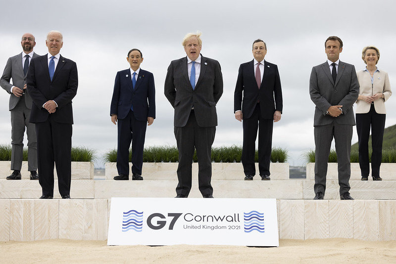 UK Prime Minister Boris Johnson poses for a family photograph with US President Joe Biden, Canada's Prime Minister Justin Trudeau, France's President Emmanuel Macron, German Chancellor Angela Merkel, Italy's Prime Minister Mario Draghi, Japan's Prime Minister Yoshihide Suga European Commission President Ursula von der Leyen and European Council President Charles Michel during the G7 Leaders summit in Carbis Bay. Picture by Simon Dawson / No 10 Downing Street