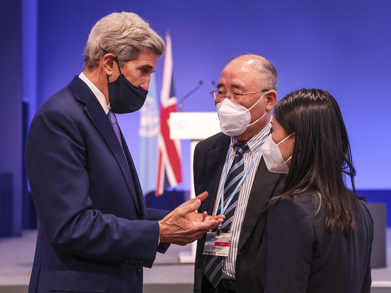 U.S. Special Presidential Envoy for Climate, John Kerry talks to the Chinese special climate envoy Xie Zhenhua at COP26 image by Tim Hammond / No 10 Downing Street via UK Government Flickr