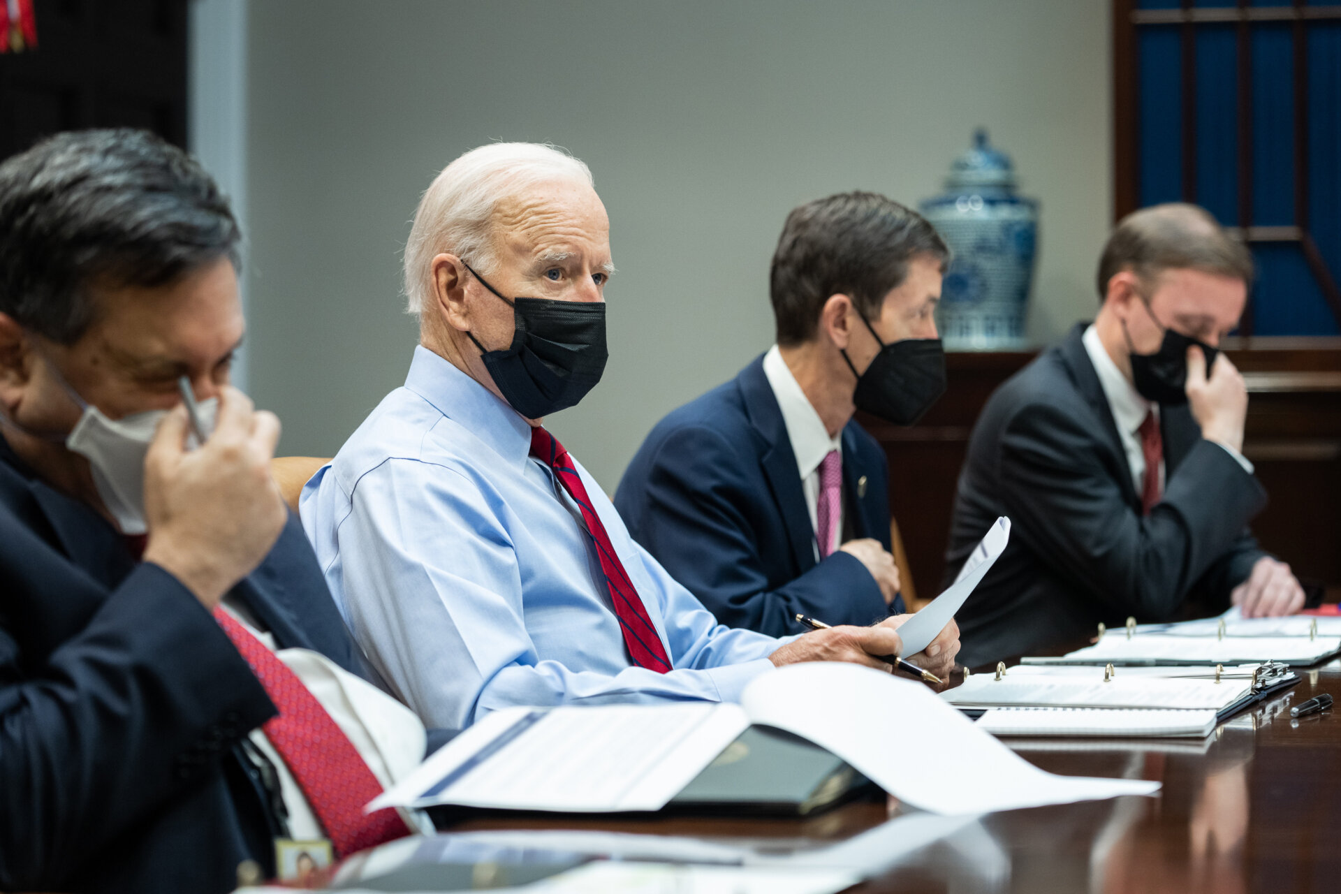 President Joe Biden attends a Domestic Policy Council briefing in the Roosevelt Room of the White House.