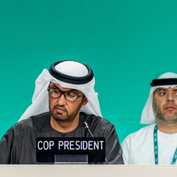 COP President, Dr. Sultan Al Jaber and Ambassador Majid Al Suwaidi, Director-General and Special Representative of COP28 onstage at COP28