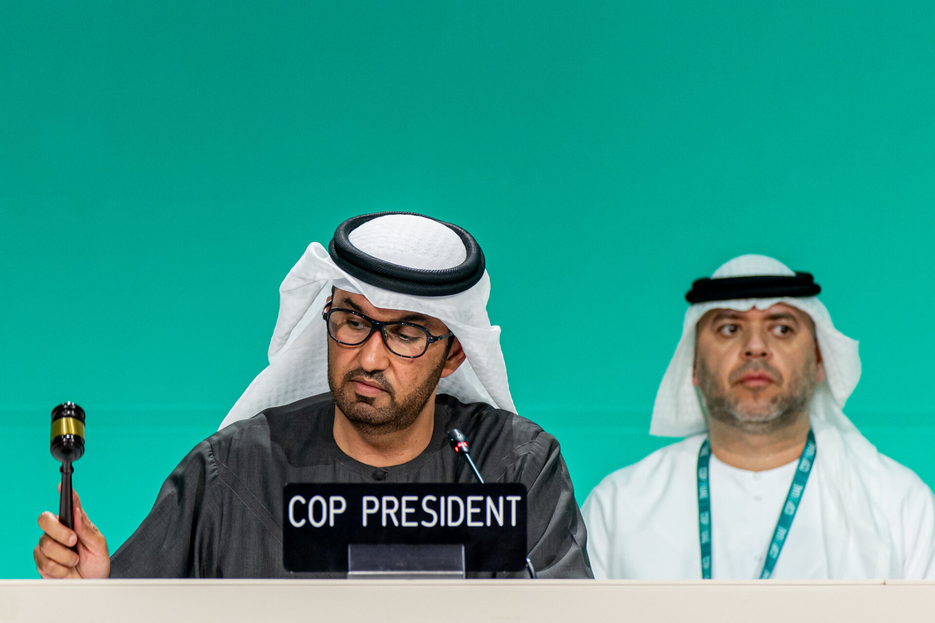 COP President, Dr. Sultan Al Jaber and Ambassador Majid Al Suwaidi, Director-General and Special Representative of COP28 onstage at COP28