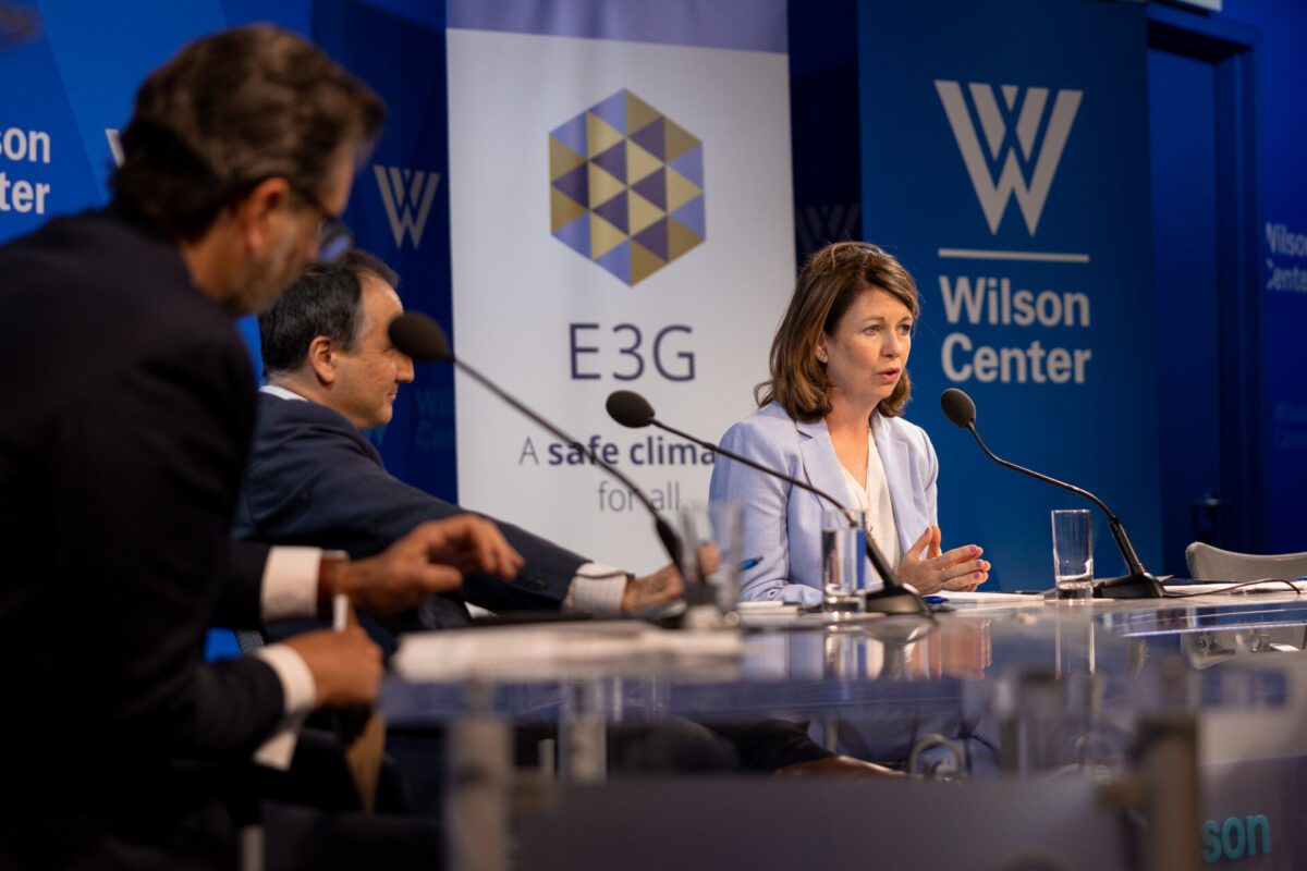 The photo shows E3G Senior Associate, Claire Healy, speaking in the panel discussion on transatlantic cooperation on critical minerals.