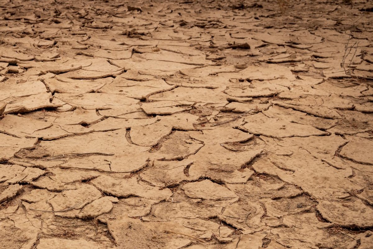 A desolate dusty brown riverbed with dry broken clay soil