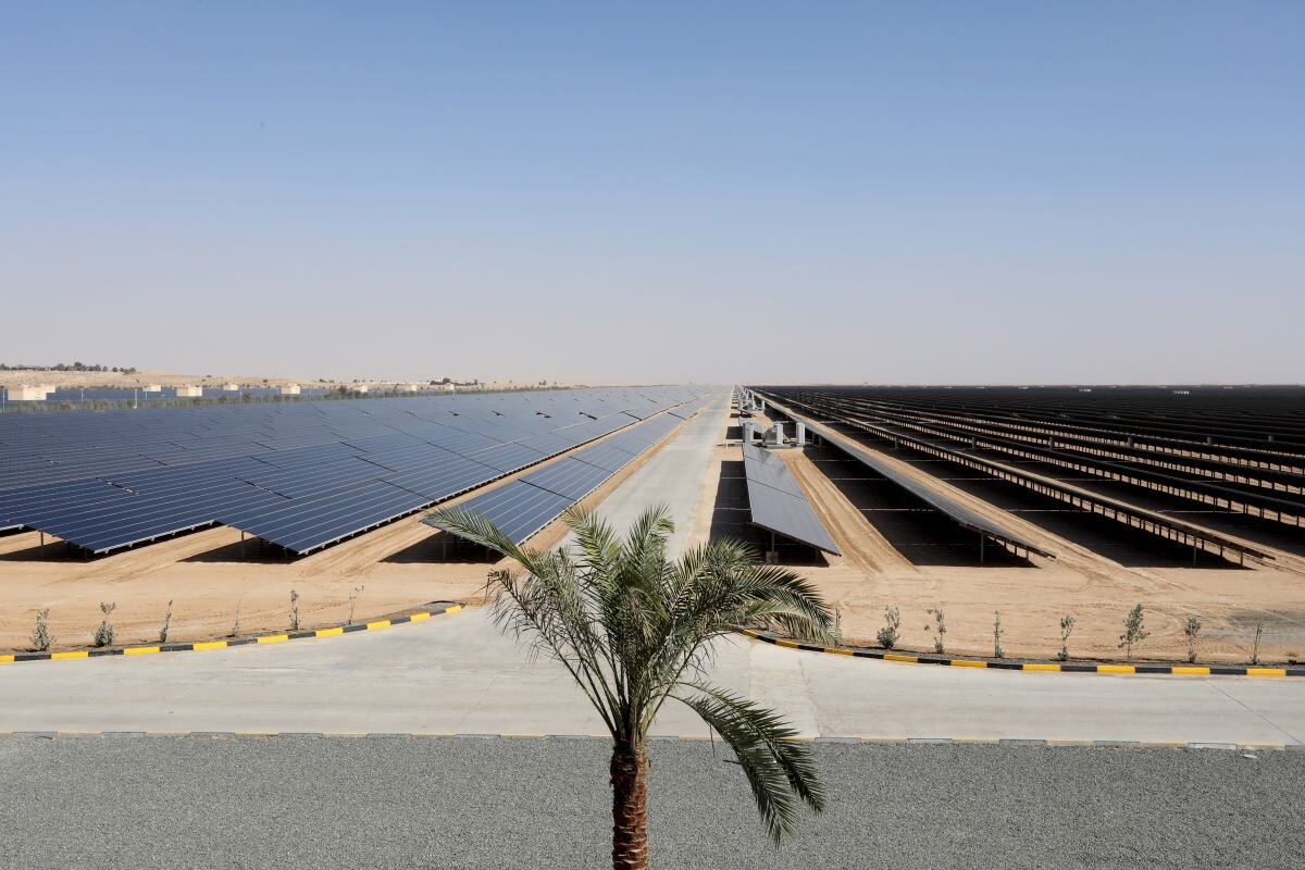 Field of solar photovoltaic panels that form part of the Mohammed bin Rashid Solar Park in Dubai, United Arab Emirates.