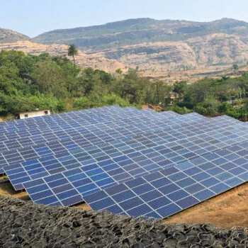 Solar panel system near mountain range in Igatpuri, Maharashtra India.