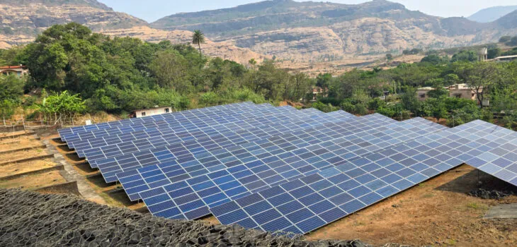 Solar panel system near mountain range in Igatpuri, Maharashtra India.
