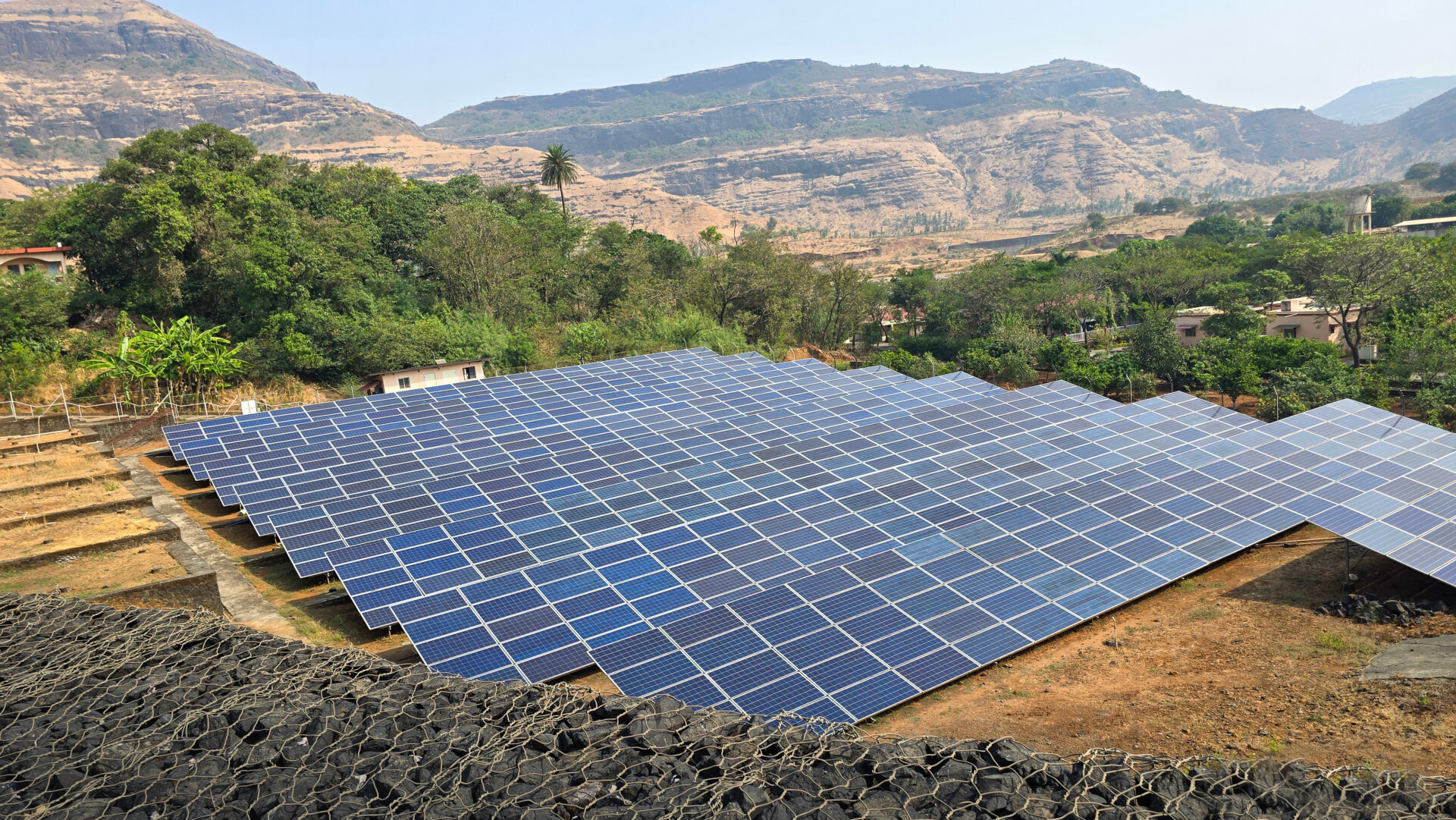 Solar panel system near mountain range in Igatpuri, Maharashtra India.
