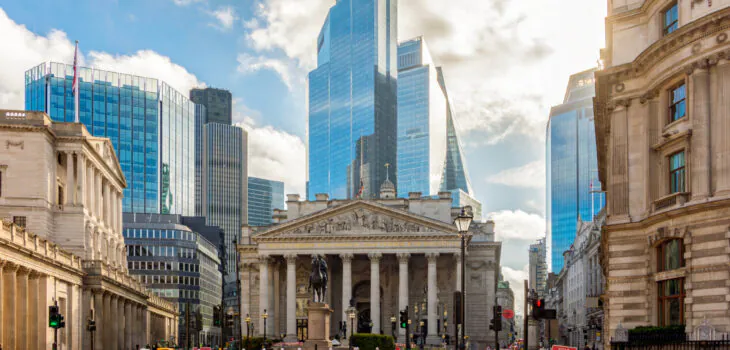 Royal Exchange building in City of London, UK