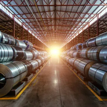 Rolls of galvanized steel sheet inside the factory or warehouse