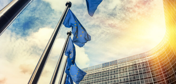 Waving EU flags in front of European Commission in Brussels