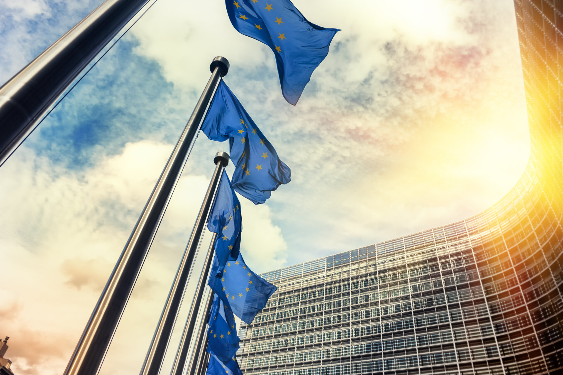 Waving EU flags in front of European Commission in Brussels