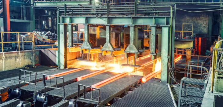 hot steel on conveyor in steel plant
