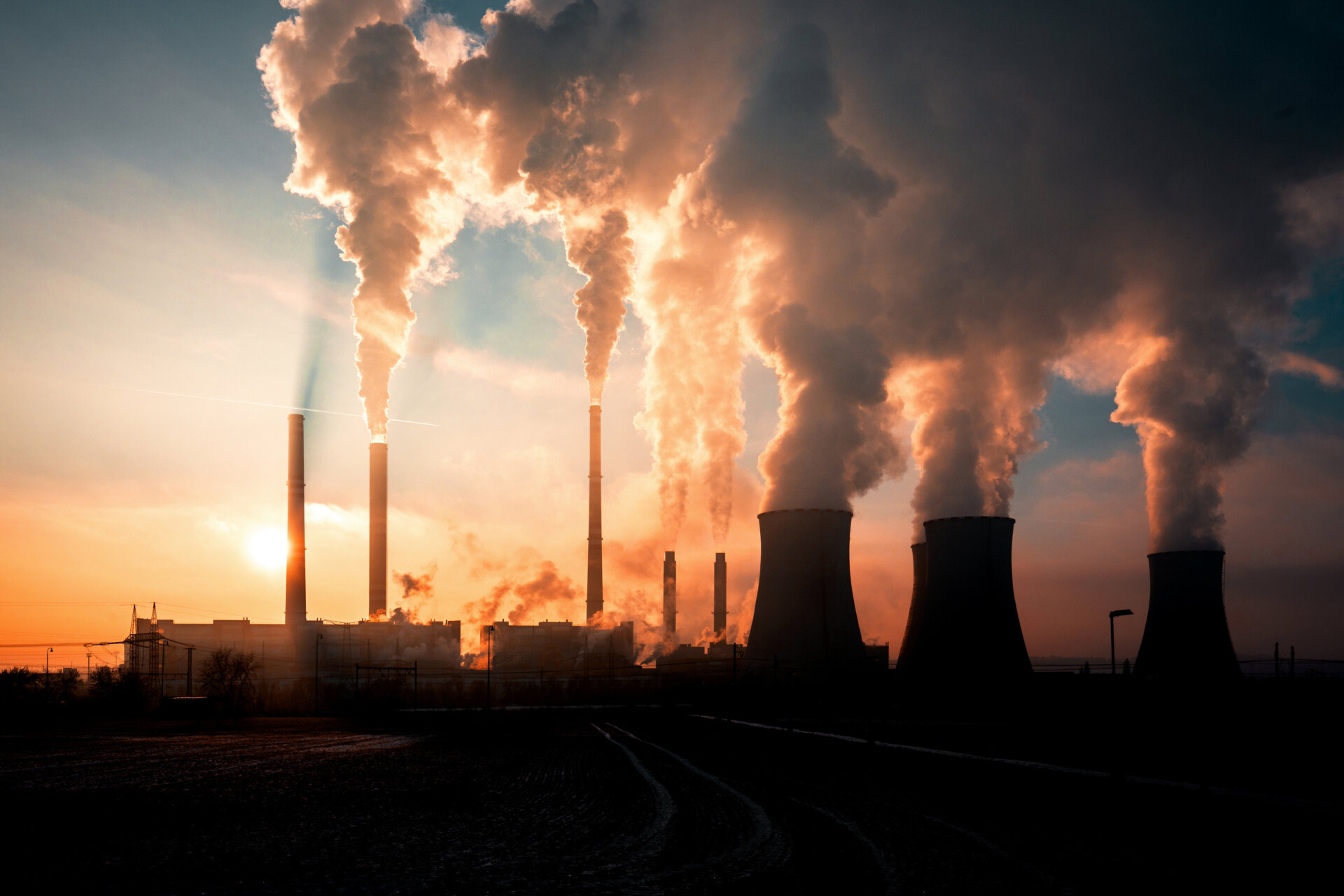 coal fired power station silhouette at sunset, Pocerady, Czech r