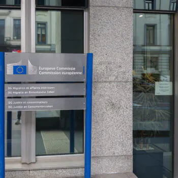 16 March 2026, Brussels, Belgium. European Commission office sign for migration, justice and consumer departments