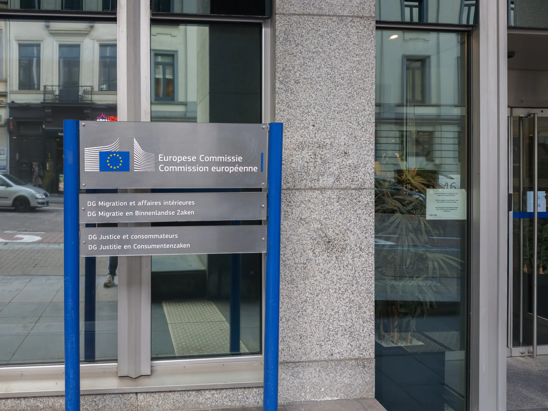 16 March 2026, Brussels, Belgium. European Commission office sign for migration, justice and consumer departments