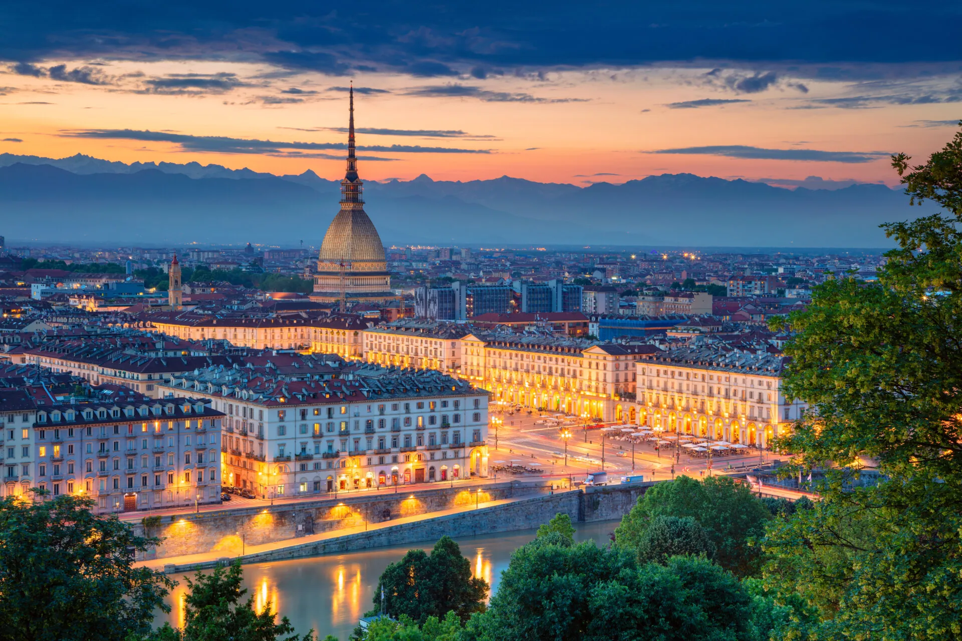 Turin. Aerial cityscape image of Turin, Italy during sunset.