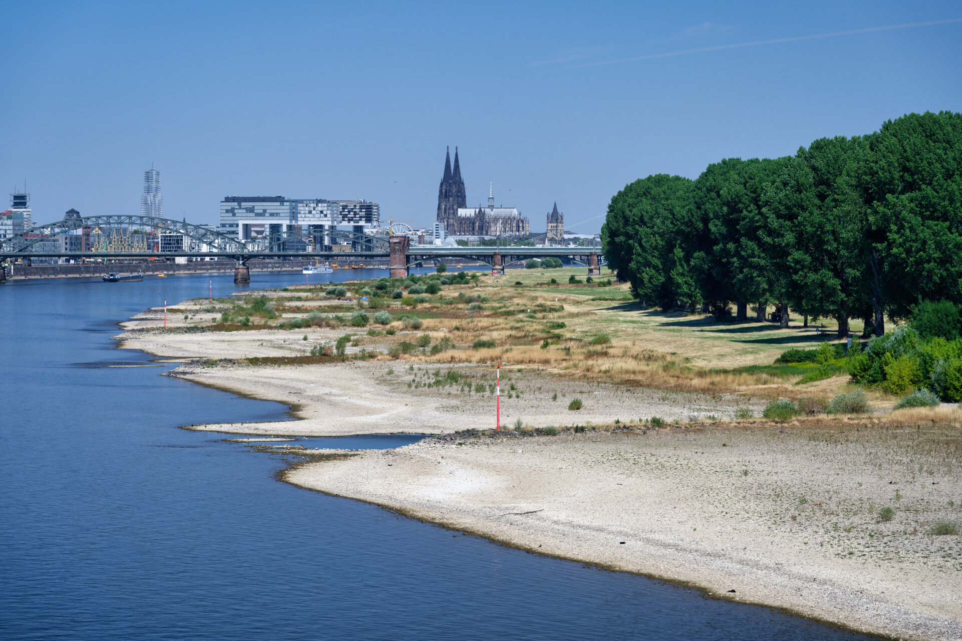 Exposed gravel groynes and dried river bank of the Rhine in Germany due to a severe drought. Cologne Cathedral and Kranhaeuser in background