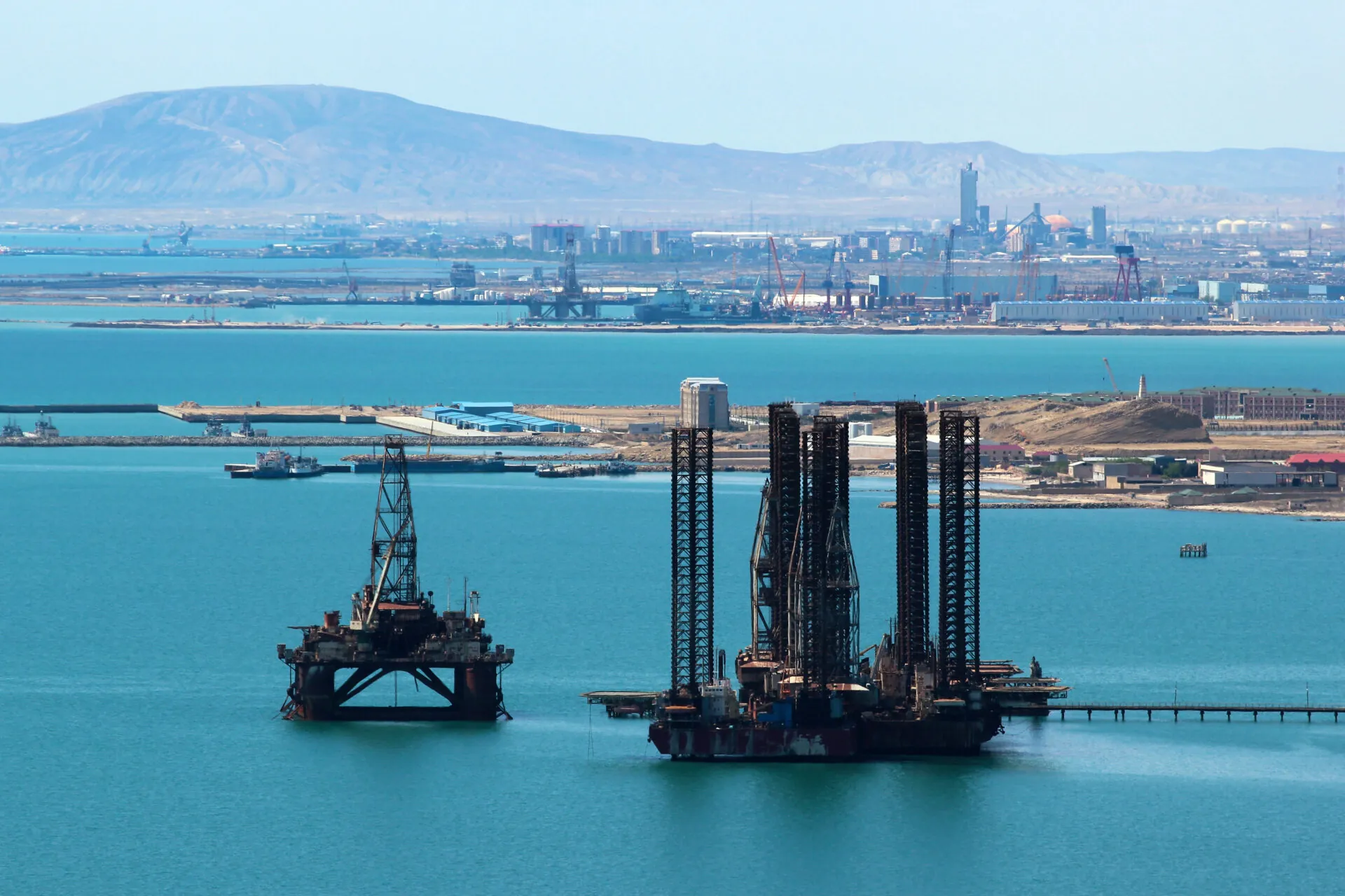 Oil platform off the Caspian sea coast near Baku, Azerbaijan