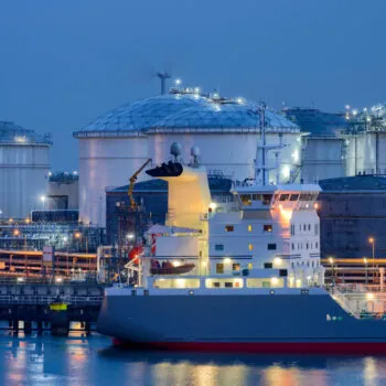 Liquid Natural Gas storage tanks and tanker, Port of Rotterdam