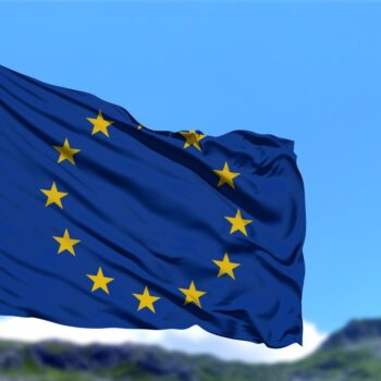 EU flag in front of green mountains