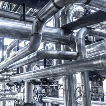 An image of industrial steam pipe with valves and stainless steel actuators