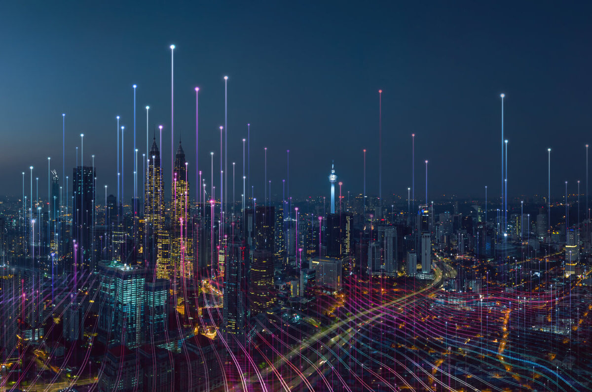Smart city and abstract dot point connect with gradient line and