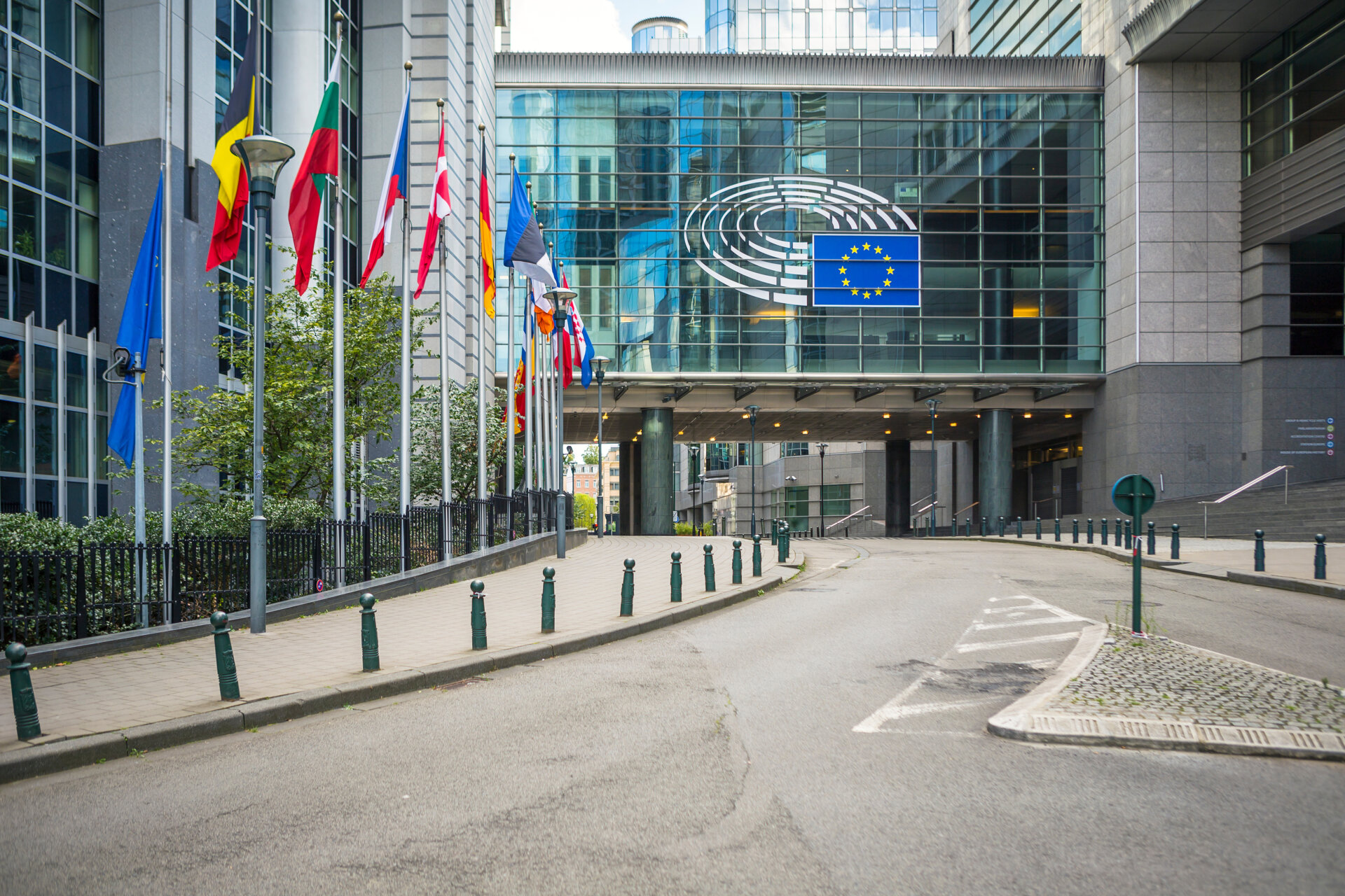 European Parliament offices and European flags in Brussels, Belg