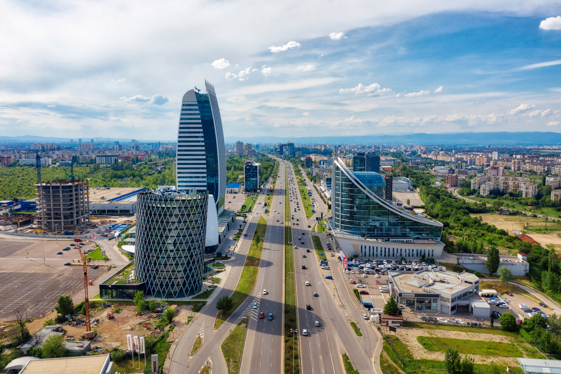 Skyscrapers in the business district of Sofia, Bulgaria, taken in May 2019