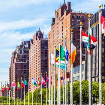 United Nations Headquarters with flags of members of the UN