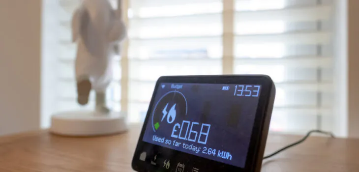 Shallow focus of a dusty digital smart meter showing the amount of used electricity. Seen in the living room of a private house.