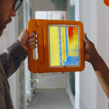 Back view of professional construction team using infrared camera on tablet checking heating system