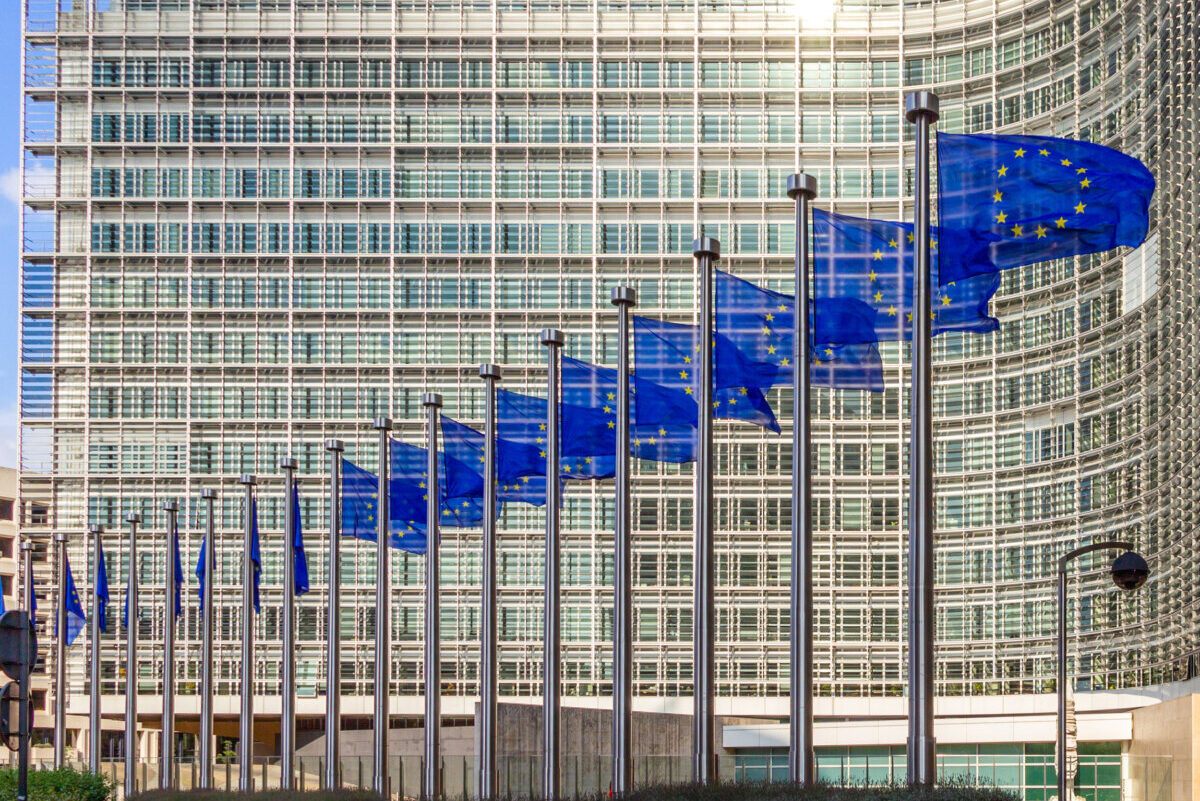 Row of EU Flags in front of the European Union Commission buildi