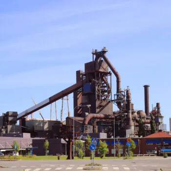 Lulea, Sweden – August 24, 2021: View of the west gate and the blast furnace at the SSAB steel mill.