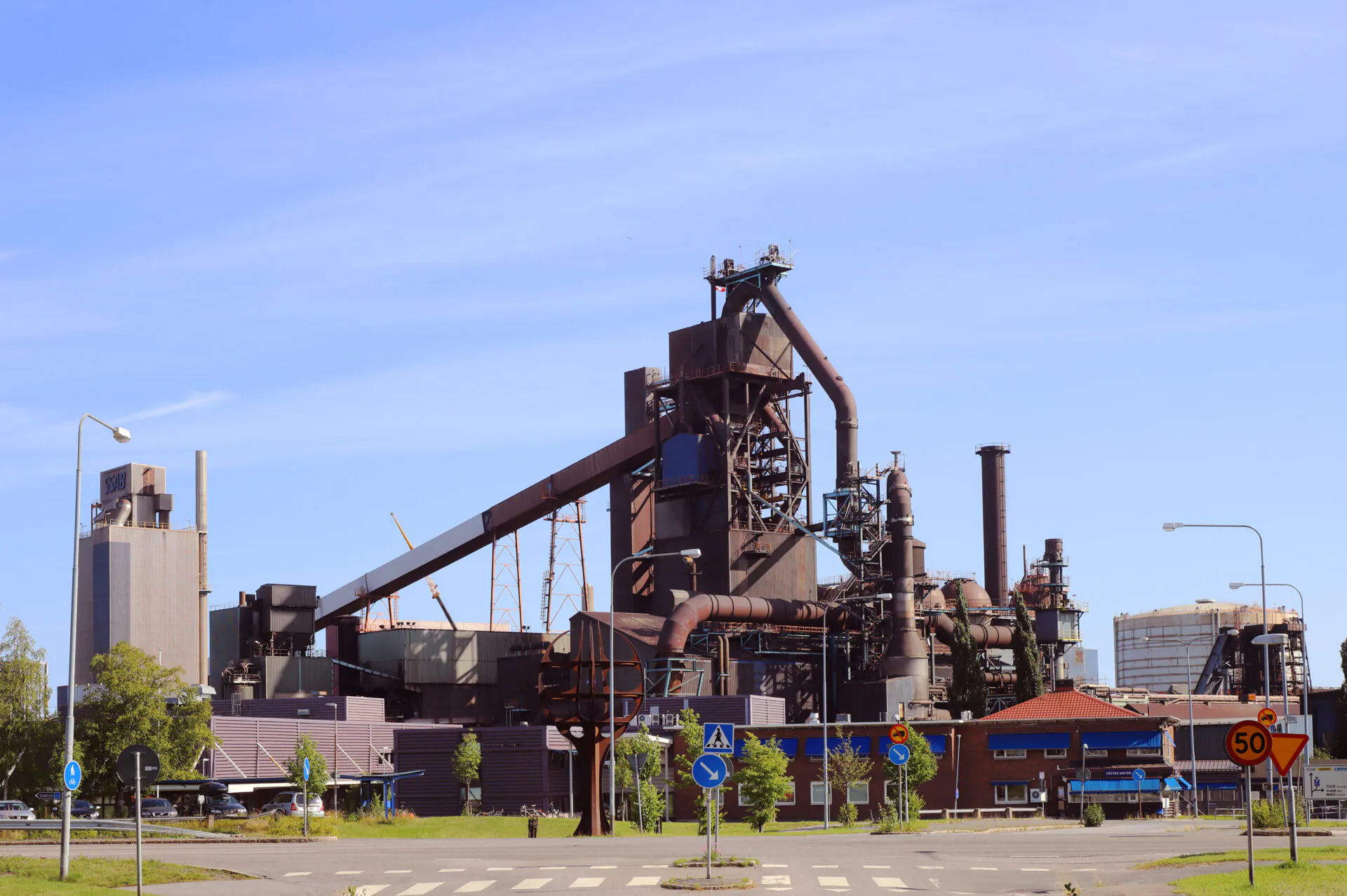 Lulea, Sweden – August 24, 2021: View of the west gate and the blast furnace at the SSAB steel mill.
