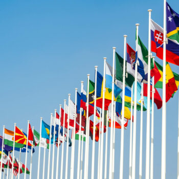 Many world flags flying in a row outside of expo center in 2020