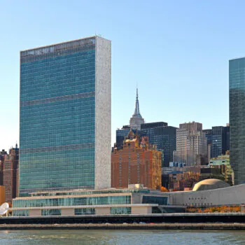 View of Manhattan skyline and UN buildings. New York City