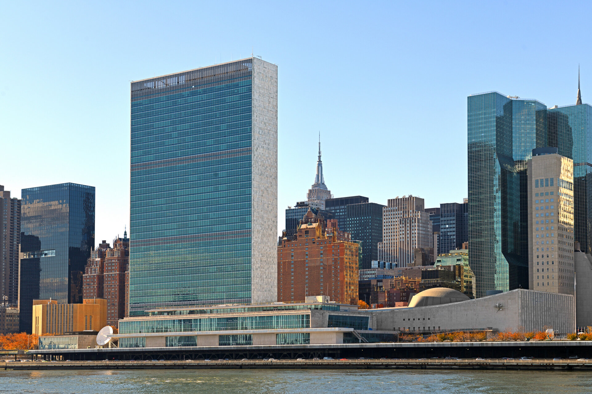 View of Manhattan skyline and UN buildings. New York City