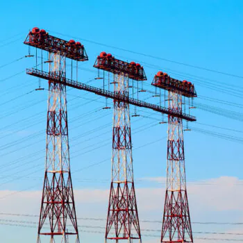 High Voltage Tower, electricity transmission pylon, red and white electric pole