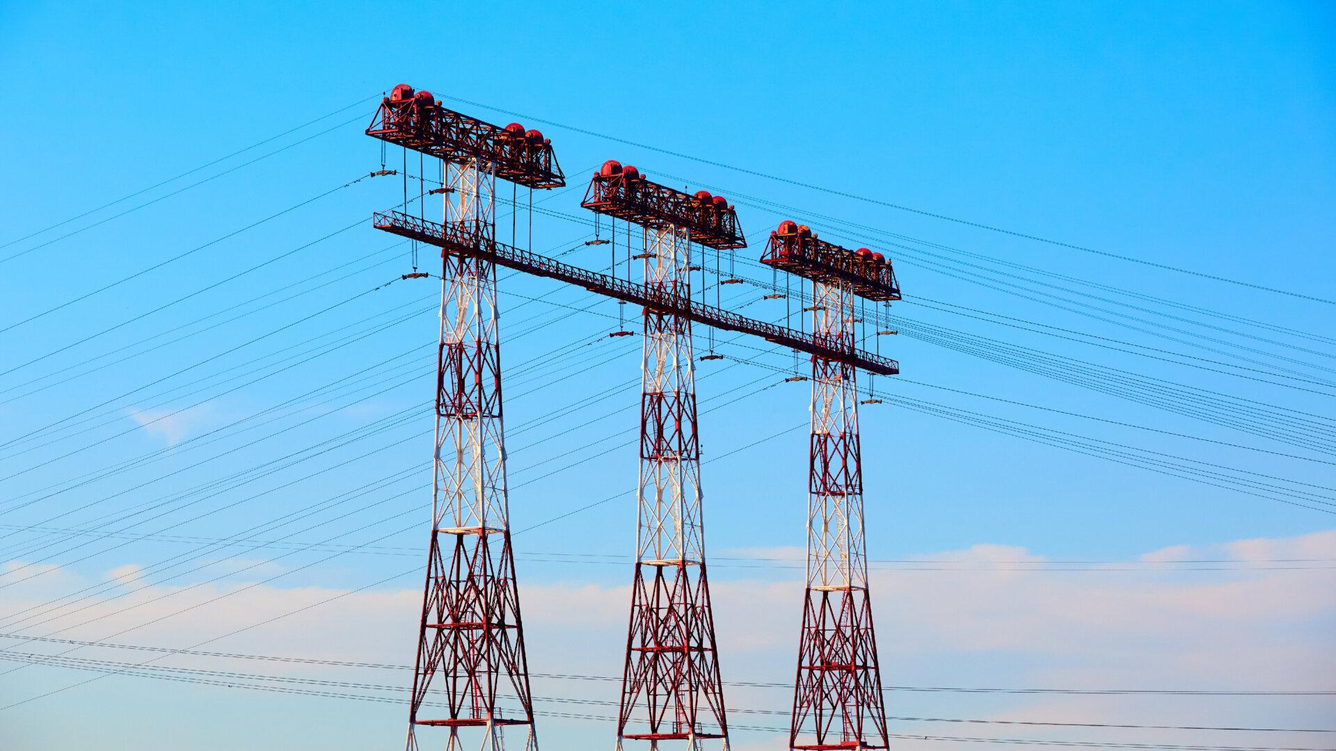High Voltage Tower, electricity transmission pylon, red and white electric pole