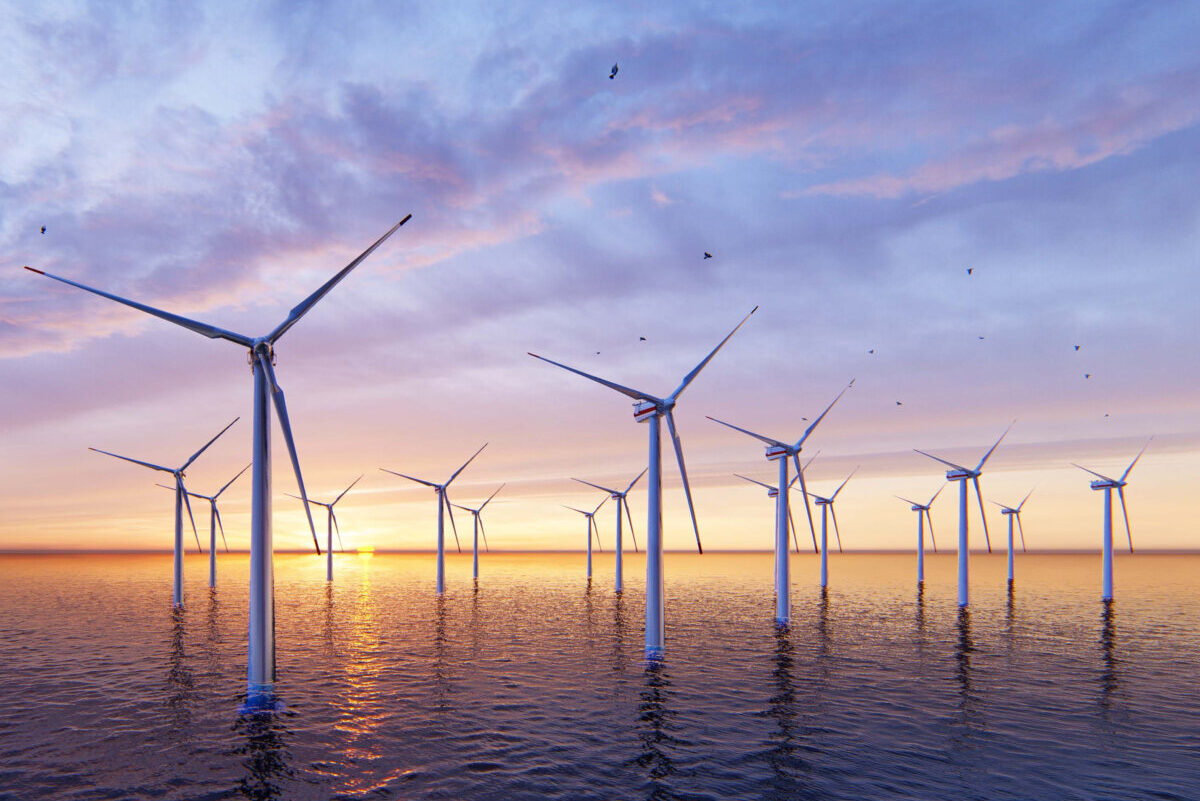 7640×4320. Ocean Wind Farm. Windmill farm in the ocean. Offshore